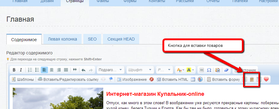 Положение кнопки вставки товаров на панели инструментов